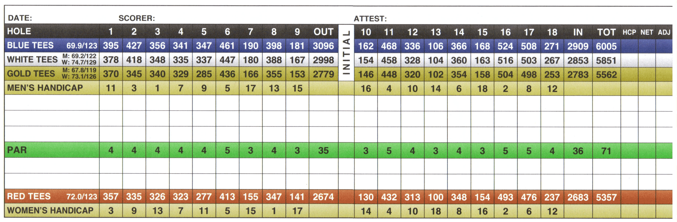 Spring Hills Golf Course Score Card